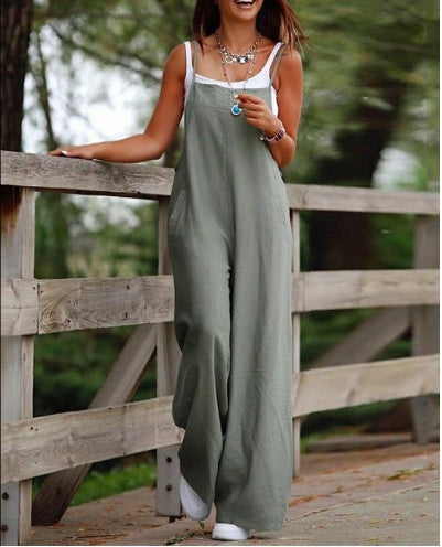Ladies Sleeveless Jumpsuit With Pockets And Adjustable Shoulder Strap Fashion Loose Wide Leg Straight Overalls Summer Beach Trousers - Best Buy Daily