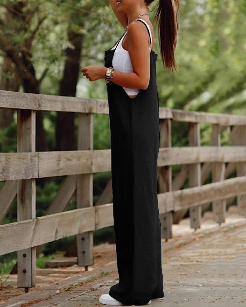 Ladies Sleeveless Jumpsuit With Pockets And Adjustable Shoulder Strap Fashion Loose Wide Leg Straight Overalls Summer Beach Trousers - Best Buy Daily