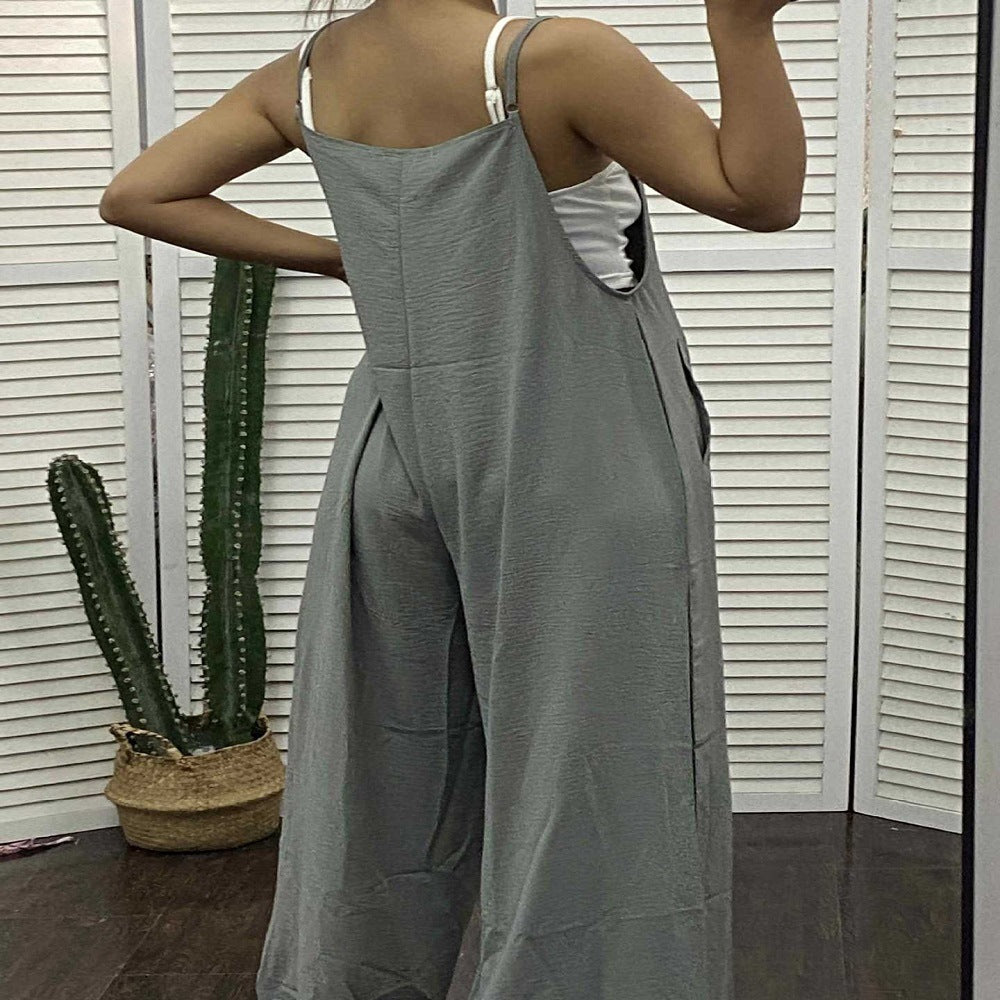 Ladies Sleeveless Jumpsuit With Pockets And Adjustable Shoulder Strap Fashion Loose Wide Leg Straight Overalls Summer Beach Trousers - Best Buy Daily