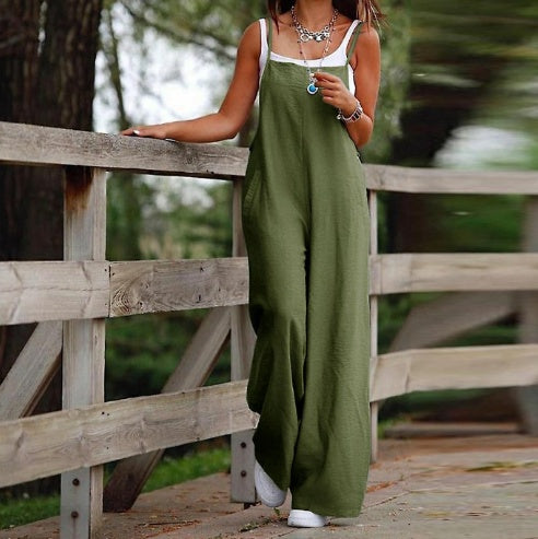 Ladies Sleeveless Jumpsuit With Pockets And Adjustable Shoulder Strap Fashion Loose Wide Leg Straight Overalls Summer Beach Trousers - Best Buy Daily