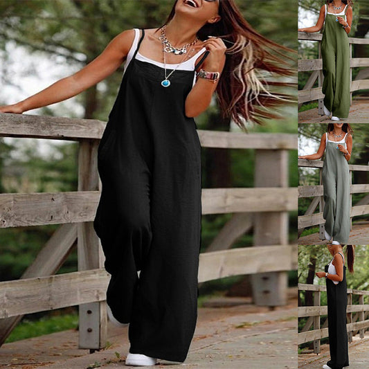 Ladies Sleeveless Jumpsuit With Pockets And Adjustable Shoulder Strap Fashion Loose Wide Leg Straight Overalls Summer Beach Trousers - Best Buy Daily