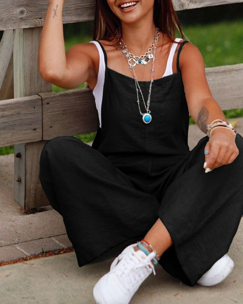 Ladies Sleeveless Jumpsuit With Pockets And Adjustable Shoulder Strap Fashion Loose Wide Leg Straight Overalls Summer Beach Trousers - Best Buy Daily